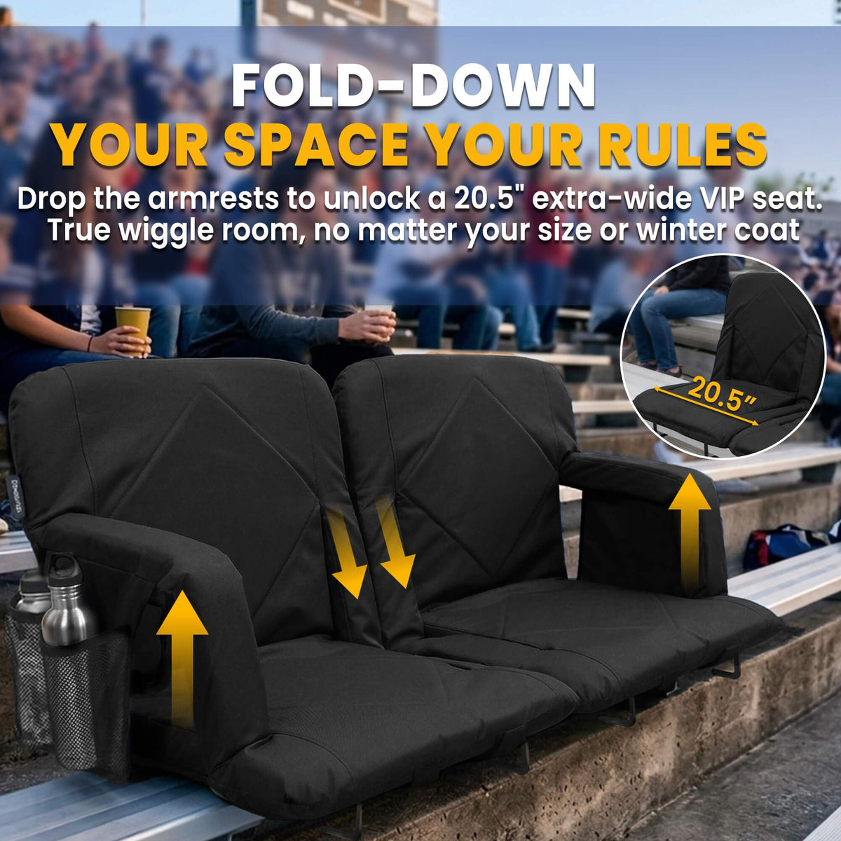 Sheenive Stadium Seat with Back Support (2 Pack) - 2.8'' Thick Comfy Cushion, Wide Padded Reclining Bleacher Seat with Armrests - Includes Backpack Strap, Carry Handle, 2 Cup Holders & 2 Large Pockets