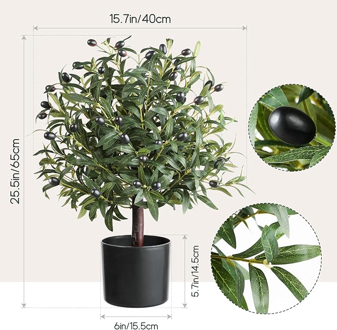 25.5” Tall Artificial Topiary Ball Olive Tree Set of 2 Pack, Olive Boxwood Topiary Ball Potted Bushes UV Resistant Potted Plants for Garden Indoor Outdoor Home Decor