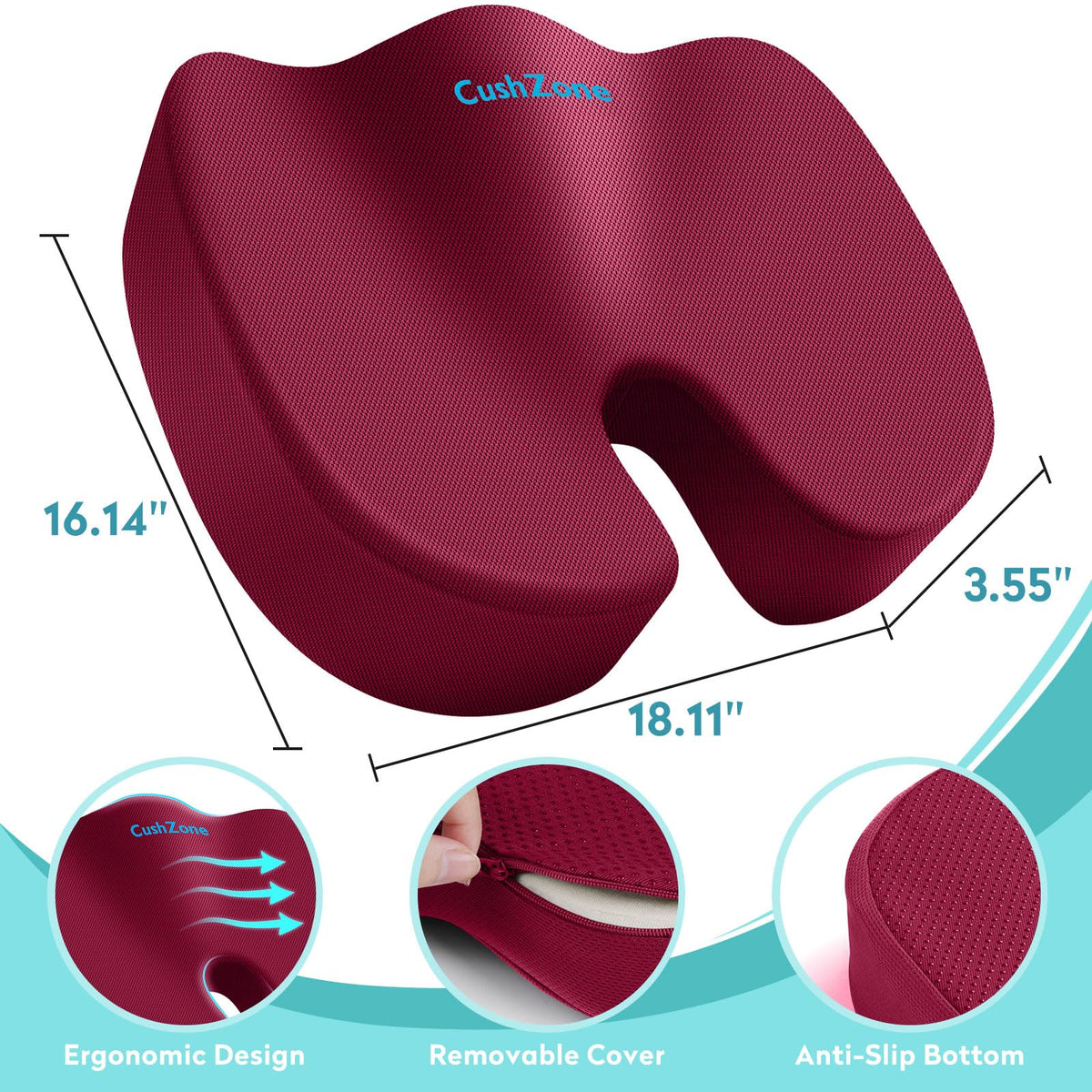 Office Chair Seat Cushion, Cooling Gel Enhanced Memory Foam Cushion for Long Sitting - Back, Sciatica, Coccyx, Tailbone Pain Relief Pillow - for Office, Gaming, Car, Wheelchair - Red, X-Large