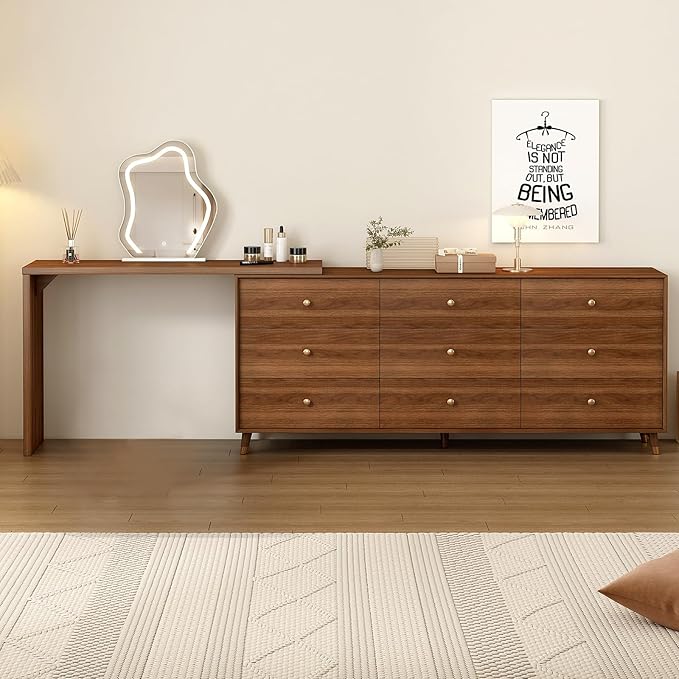 Makeup Vanity Desk with Cloud HD Lighted Mirror, 70-110in Extendable Modern Vanity Table, 9-Drawer Solid Wood Frame Storage Cabinet, Dressing Table for Bedroom, Brown