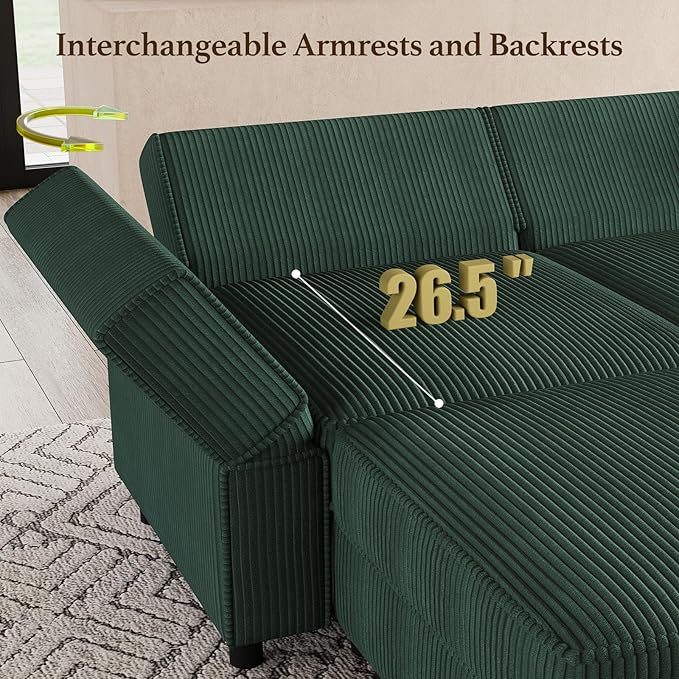 114.2" Modular Sectional Sofa with Deep Storage Seat,U Shaped Sectional Sofa Couch Convertible 6 Seater Corduroy Couch with Movable Ottoman,Upholstered Sectional Couches for Living Room,Green