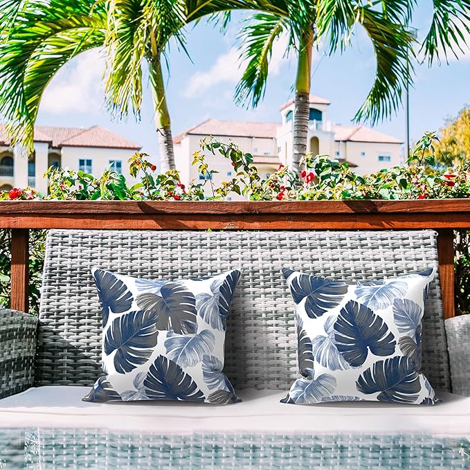 LVTXIII Outdoor Throw Pillow Covers 18 x 18 Inch, Covers ONLY Modern Paisley Pattern Decorative Square Toss Pillow Case Pack of 2 for Home Patio Garden Sofa Bed Furniture, Monstera Blue