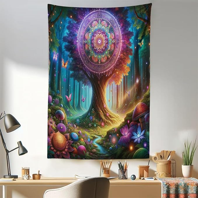 Ambesonne Nature Tapestry, Wonderland Forest Tree Trippy Mandala Floral with Butterfly Ensemble Dream, Fabric Wall Hanging Decor for Bedroom Living Room Dorm, 30" X 45", Indigo Green Aqua