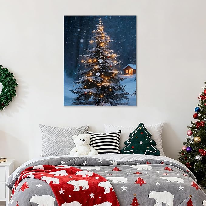 Framed Christmas Pictures Wall Decor,Vintage Pine Tree Prints,Winter Christmas Canvas Wall Art Decoration for Bedroom Bathroom Living Room Rustic Xmas Holiday Gifts (Christmas Tree 19, 24'' X 36'')