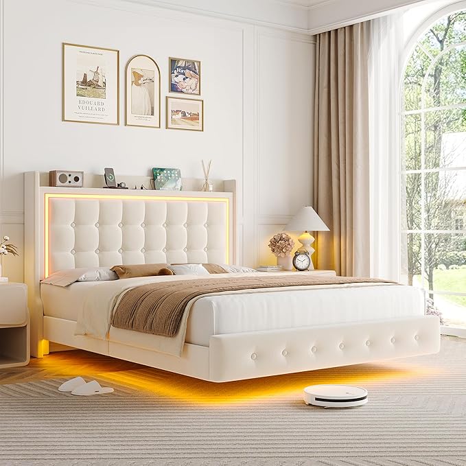 Keyluv Upholstered Full Floating Bed Frame with RGB LED Lights and Charging Station, Velvet Platform Bed with Button Tufted Storage Headboard, Type-C & USB Charging Ports, No Box Spring Needed, Beige