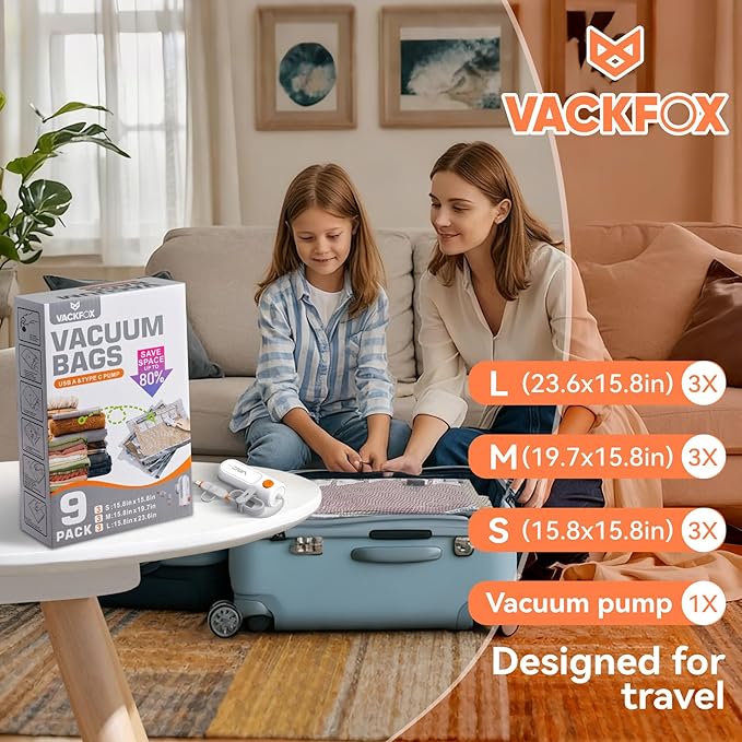 Travel Vacuum Bags with USB & TYPE C Pump, 9 Pack Carry-On Vacuum Storage Bags for Luggage & Suitcase, Vacuum Luggage Bags, Space Saver for Clothes & Travel(Grey)