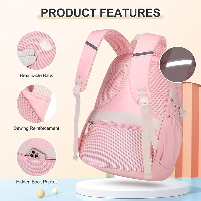 Backpacks for Girls, 3PCS School Backpack with Lunch Box Pencil Pouch for Teen Girls Kids Elementary Primary Middle High College School Bookbag Set （Pink）