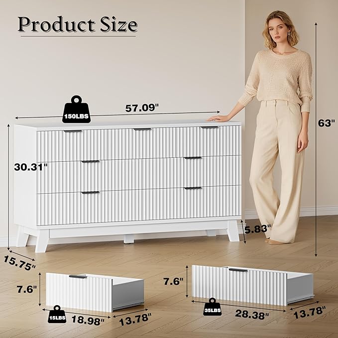 57" Long Dresser for Bedroom, 7-Drawer Fluted Chest, Wide Wood Storage Dresser with Metal Slides and Handles, Stable Base, Modern Clothes Organizer for Primary Suite, Guest Room, Nursery