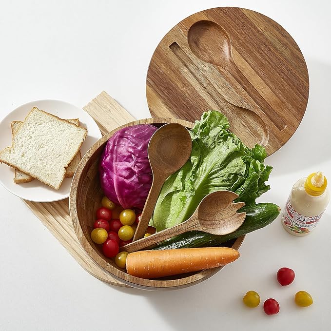 Acacia Wooden Salad Bowl with Lid, Built-in Acacia Wood Utensils, 10.5" Large Wood Serving Bowls for Fruits, Salad, and Vegetables, Big Wood Salad Bowls Set 4-Piece, All-in-One Design