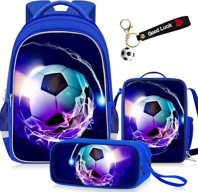 School Backpack for Boys - 4pcs Soccer Boys Backpack with Lunch Box and Pencil Case for Kids Children Teens Elementary Middle School - Students Bag for Ages 6-18,17″Bookbag Travel Back Pack