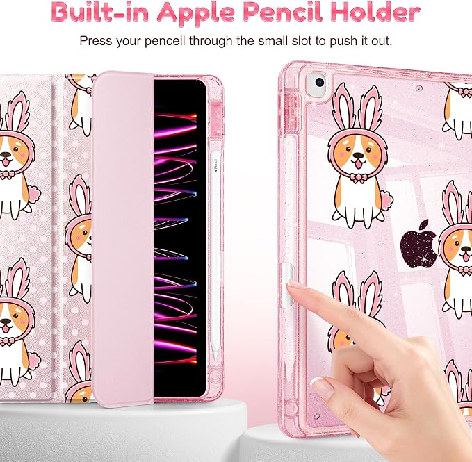 Case for iPad 9th/ 8th/ 7th Generation 10.2-Inch Case(2021/2020/2019 Release) Glitter Tablet Cases with Transparent Acrylic Back+Trifold Stand+Pencil Holder+Auto Wake/Sleep Bows-Stripe