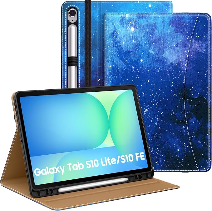 MoKo Case for Samsug Galaxy Tab S10 Lite/ S10 FE/ S9 FE/ S9 10.9/11 Inch | Built-in S Pen Holder Case for Samsung Tablet (2025/2023) PU Leather Hand Strap &amp Front Pocket Blue &amp Brown