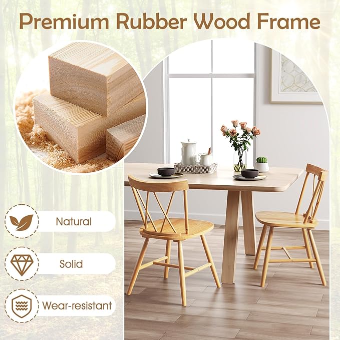 Giantex Wooden Dining Chairs Set of 4, Farmhouse Windsor Kitchen Chairs w/Cross Back, Wide Seat, Rubber Wood Frame, Armless Side Chairs for Kitchen, Dining Room, Living Room, Restaurant, Natural