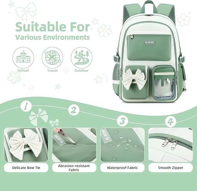 School Backpack for Girls 3PCS Nylon Kids Backpack Set with Lunch Box & Pencil Pouch, Cute Lightweight Teen Girls School Bag Laptop Bag Travel Daypack for Elementary Middle High School Beige Green