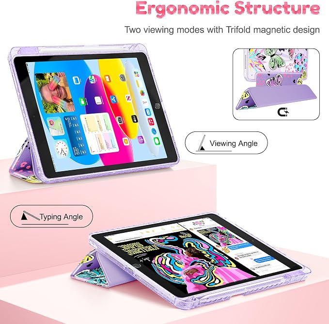 Mektron Sparkly Case for iPad 10.2 inch Glitter Tablet Cases for iPad 9th Gen 2021/8th Gen 2020/7th Gen 2019 Cover with Shiny Clear Back Shell Foldable Bling Smart Cover Blue Floral