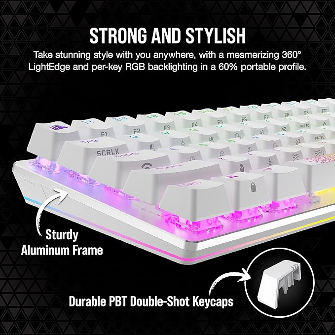 Corsair K70 PRO MINI Wireless RGB 60% Mechanical Gaming Keyboard - Fastest Sub-1ms Wireless, Swappable Cherry MX Speed Keyswitches, Aluminum Frame, PBT Double-Shot Keycaps - NA Layout, QWERTY - White