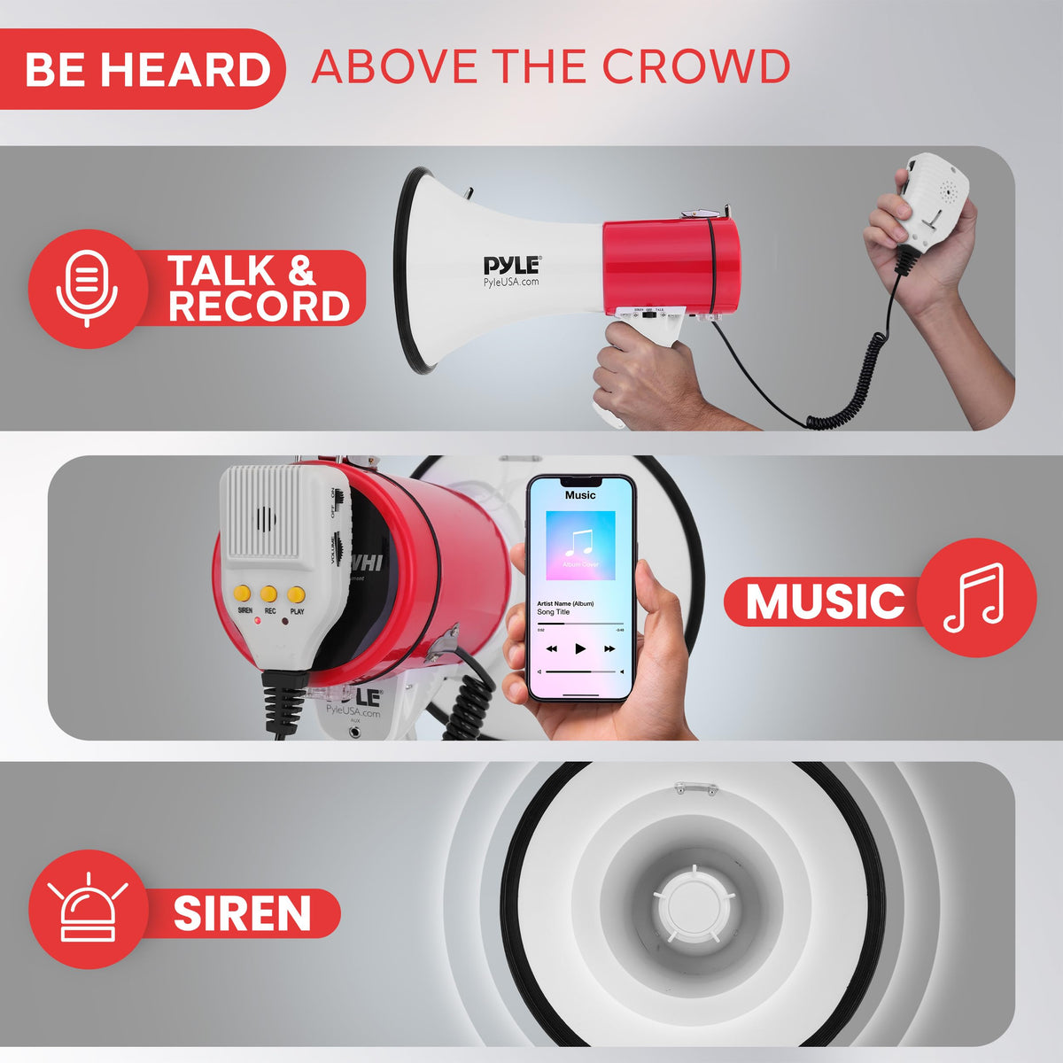 Pyle 50W Megaphone Bullhorn - Portable, Automatic Siren & Adjustable Volume,Projection Range Up to 1200 Square Yards, Aux Input, Talk, Siren, Music, Whistle, & Record, Shoulder Strap (White-Red)