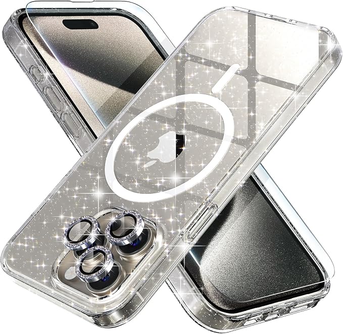 Choiche for iPhone 15 Pro Max Case Compatible with MagSafe Glitter Black | Women Girly Cute Glitter Sparkly Magnetic Phone Case with Diamond Camera Lens Protectors Military-Grade Drop Protection 6.7