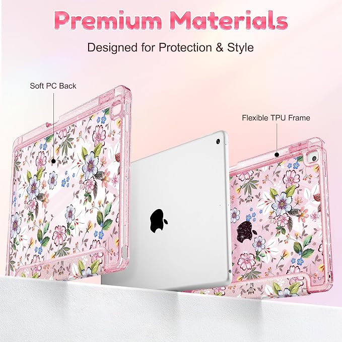 Mektron Sparkly Case for iPad 10.2 inch Glitter Tablet Cases for iPad 9th Gen 2021/8th Gen 2020/7th Gen 2019 Cover with Shiny Clear Back Shell Foldable Bling Smart Cover Blue Floral