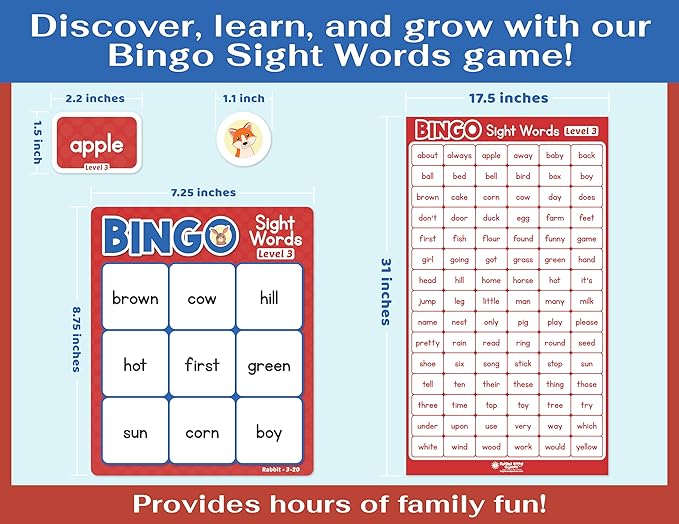 Bright Seed Sight Words Bingo Game for Kindergarten, Learn to Read Sight Word Cards, Word Games for Kids Ages 4-8, Bingo Sight Words Level 3&4, Laminated for Easy Clean