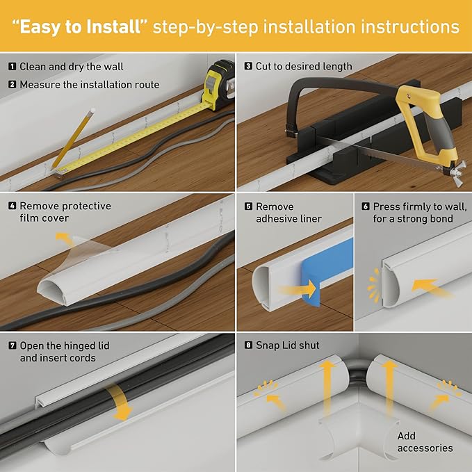 D-Line 13.12ft Cord Hider Kit, Patented Cable Cover, Hide Wires on Wall, Channel for TV Mount Cords, Raceway Wire Hiders, Paintable, Adhesive, Half Round, 4X 1.18in W x 0.59in H x 39in Lengths, Black