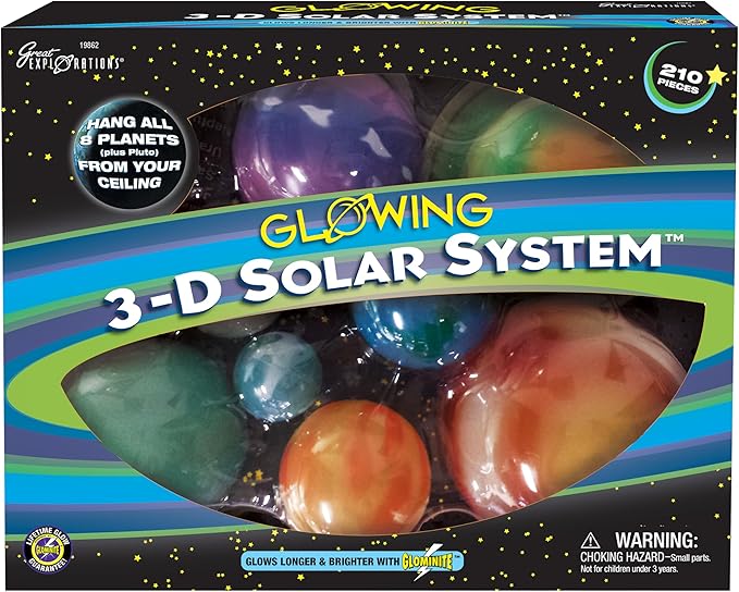 Great Explorations, 3-D Solar System Glow In The Dark Ceiling Hanging Kit 3D Planets and Star Stickers Create the Milky Way Teach Science STEM