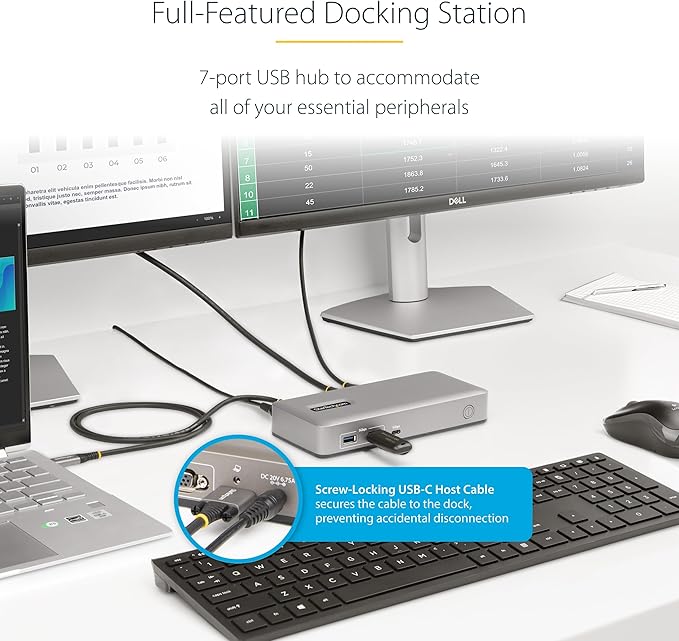 StarTech.com Dual-Monitor USB-C Docking Station, DisplayPort & HDMI or VGA, Multi Monitor Dock up to 4K 60Hz - USB 3.2/3.1 (5Gbps) Type-C Dock - 7X USB Hub, 85W PD, Windows & ChromeOS, TAA