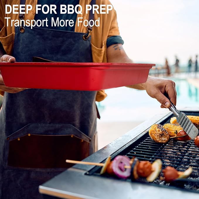 Czlizdyt Deep Grilling Prep and Serve Trays with lid, BBQ Tray for Marinating Raw and Cooked Food, Diswasher Safe Nesting Trays Black in Red