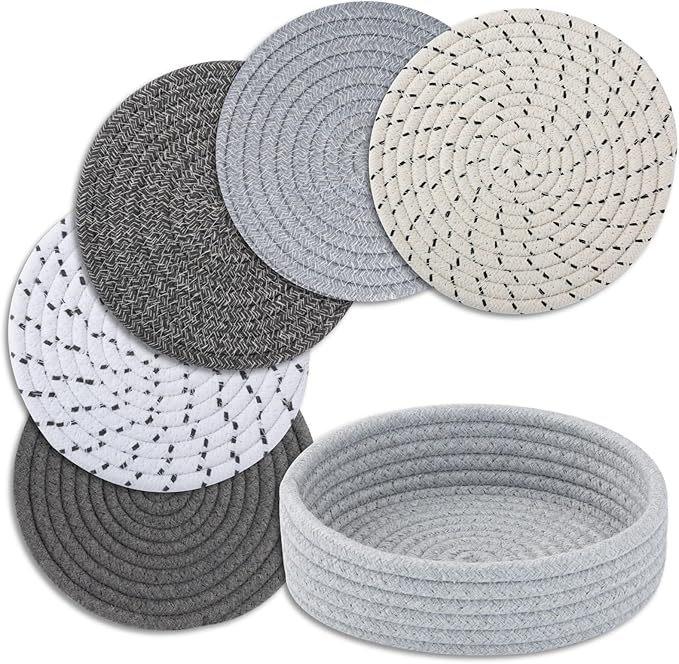 Trivets for Hot Dishes, Pots and Pans, Hot Pads with Storage Basket, Pot Holders for Kitchen, Heat Resistant Mat Protect Counter Home Essentials, Farmhouse Decor (Deep Gray 4 PCS)