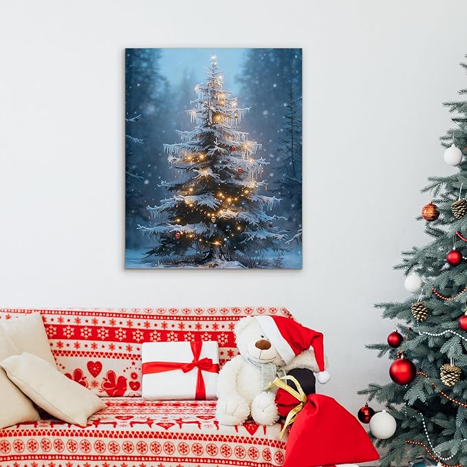 Framed Christmas Pictures Wall Decor,Vintage Pine Tree Prints,Winter Christmas Canvas Wall Art Decoration for Bedroom Bathroom Living Room Rustic Xmas Holiday Gifts (Christmas Tree 15, 24'' X 36'')