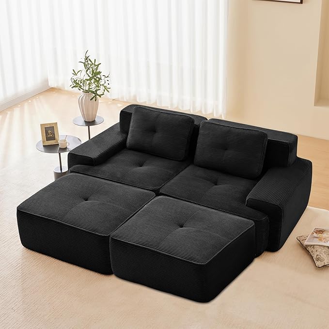 Black Ottoman for Modular Sectional Sofa, Corduroy Deep Seat for Oversized Compressed Boneless Sectional Couches for Living Room Bedroom Apartment, Cloud Sofa Couch Set, Memory Foam, No Assembly
