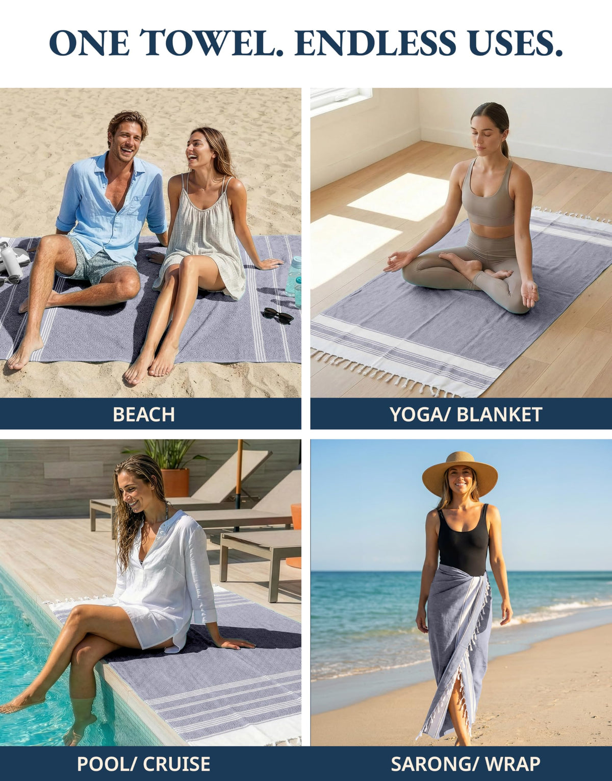 LANE LINEN 4 Pack Beach Towels – Oversized, Pre-Washed, Quick Dry, Sandproof, Lightweight & Absorbent Travel Towels – Extra Large Pool/Bath Towel – Multi