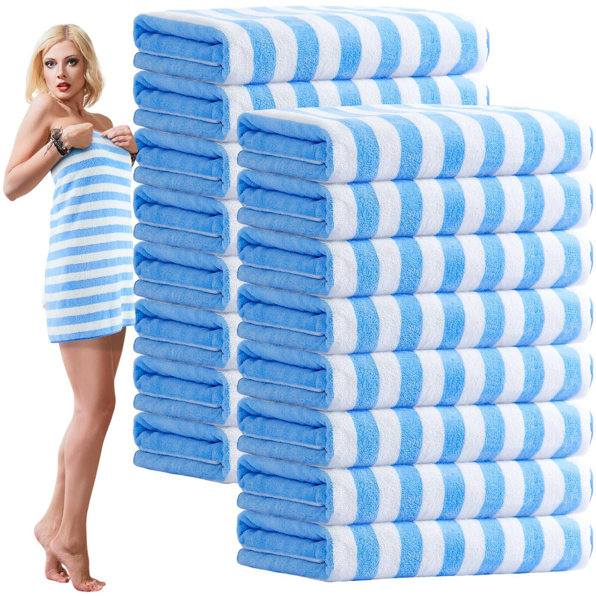 SmoothNovelty 16 Pack Microfiber Bath Towels Bulk 27'' x 60'' Oversized Size Bath Towel Highly Absorbent Extra Large Soft Drying for Beach Shower Summer Salon Sport Gym Party (Stripes,Light Blue)