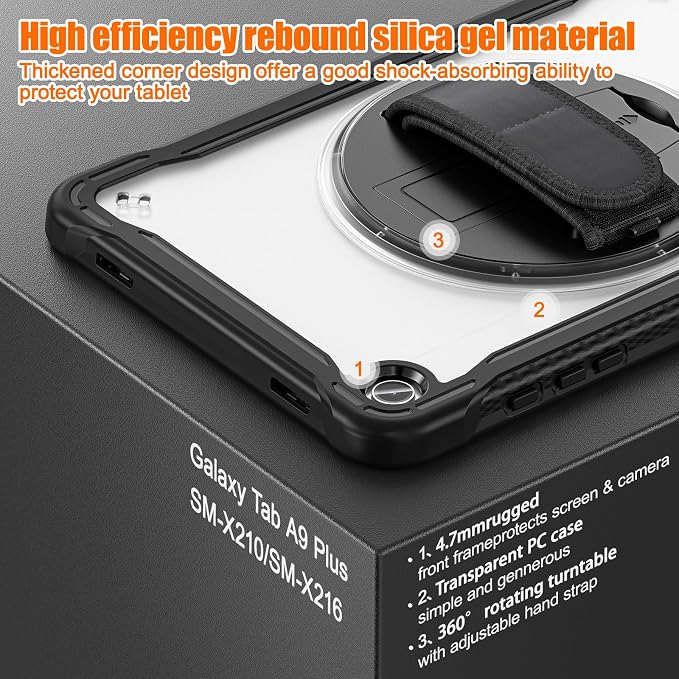 Junfire Clear Case for Samsung Galaxy Tab A9 Plus 11-inch 2023 Shockproof Slim Hard Case for Galaxy Tab A9+ with 360°Rotating Kickstand/Hand Strap/Shoulder Strap-Black