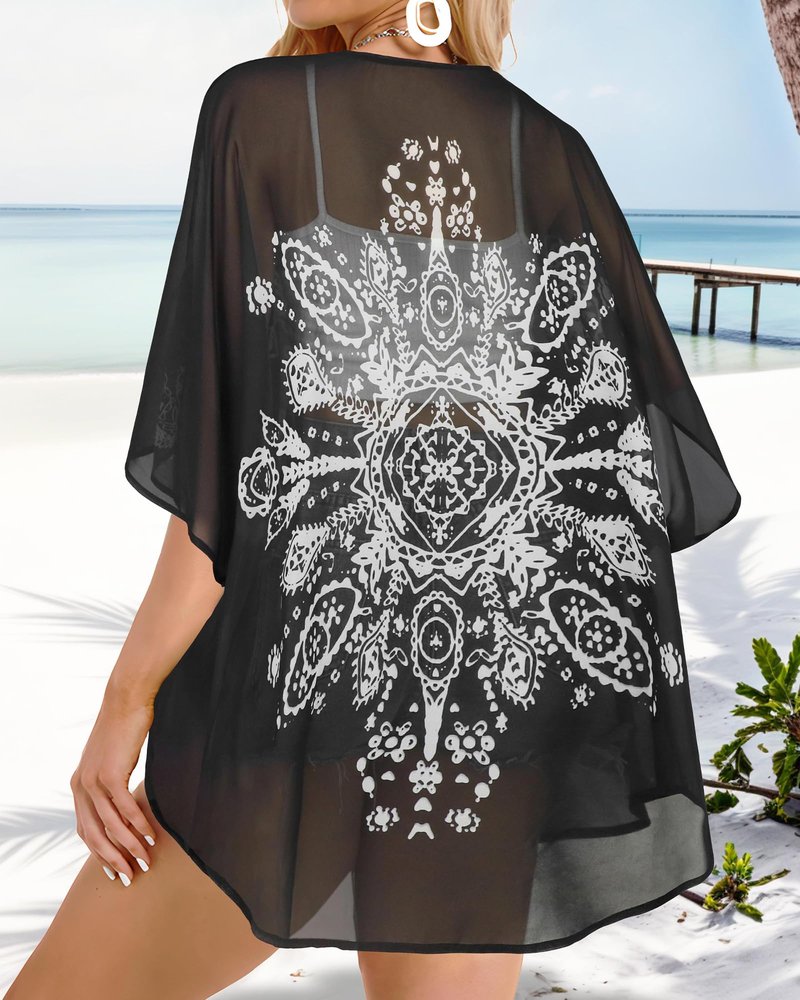 Summer Kimono Cardigan for Women Sheer Boho Tops Casual Open Front Swimwear Shirts Beach Cover ups (Caftan Black,M)