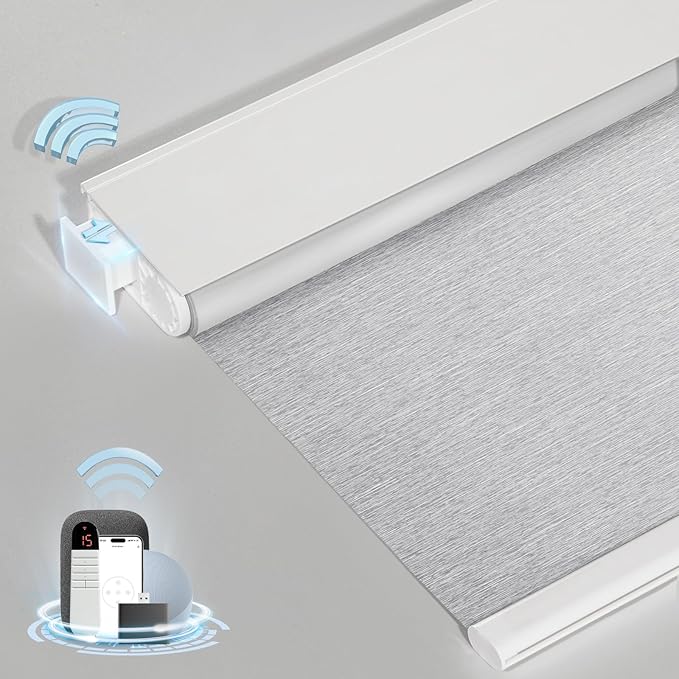 MANSNIX Smart Motorized Blinds with Remote, Cordless No-Drill Automatic Roller Shades, Blackout Electric Blind for Windows, Grey, 35 x 72