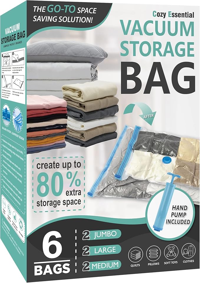 Cozy Essential Vacuum Storage Bags, Space Saver Bags，Compression for Comforters and Blankets, Pillow, Bedding, Sealer Clothes Storage，6 Combo