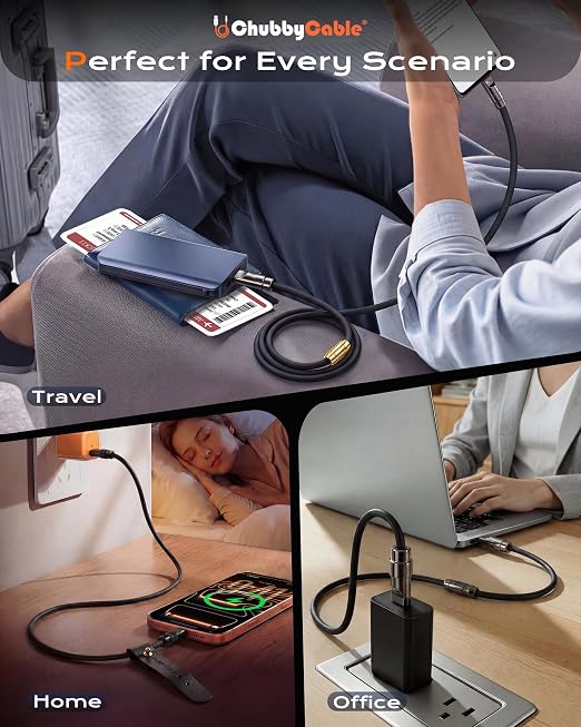 chubbycable 240W Silicone USB C to C Charging Cable Black Plus 0.82FT | 6mm Extra Thick 45000+ Bend Tested 480Mbps Data Transfer E-Marker Safety Chip Tangle-Free Design