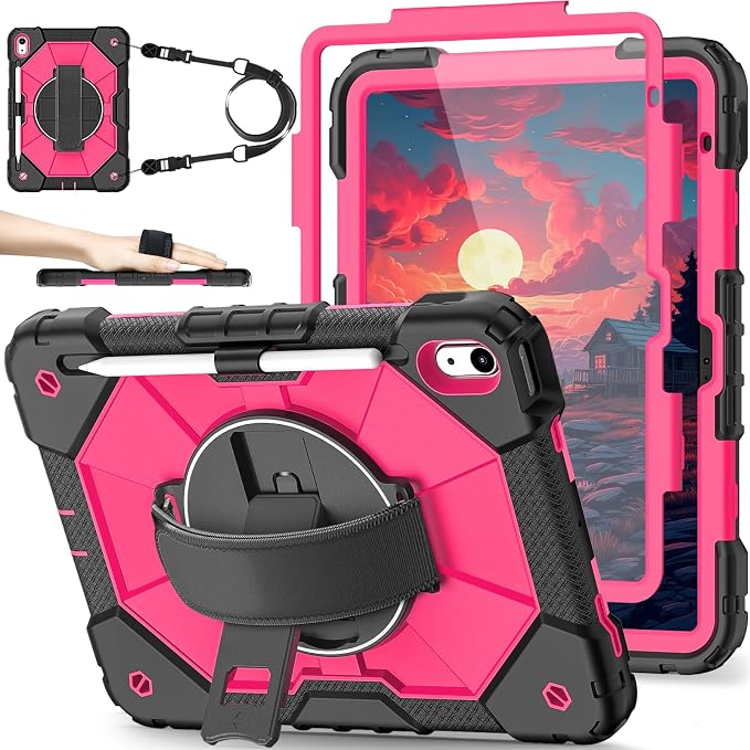 Nitupai Case for iPad 10th Generation 10.9 Inch 2022 / iPad A16 Case 11 Inch 2025 with Screen Protector 10th Gen Cover for Kids Pencil Holder 360° Rotating Stand Shoulder Strap Black Black