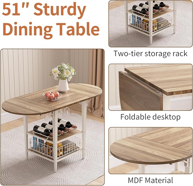 VFK 3 Piece Dining Table Set, 51 Inch Modern Kitchen Folding Breakfast Table with Right Seat Storage Corner Stools and Dining Chairs for Home Dining Room Furniture