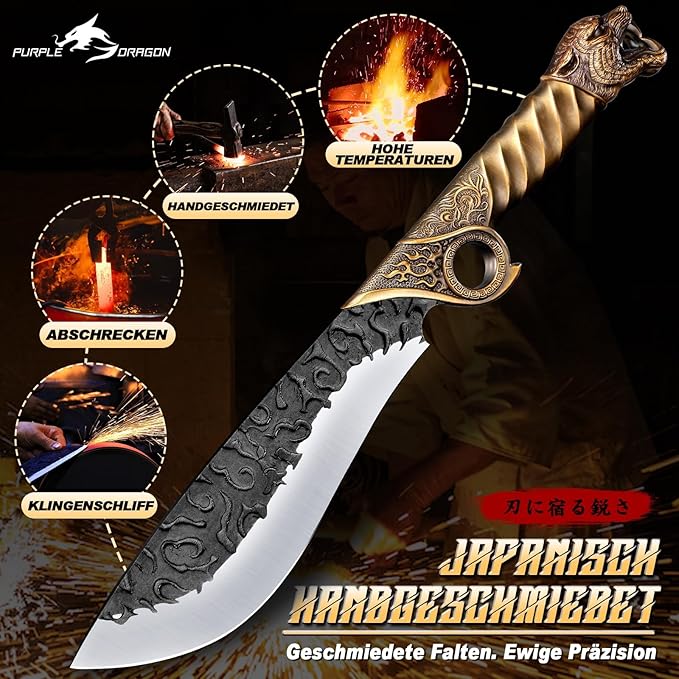 Purple Dragon Heavy Duty Machete for Cutting Trees – Japanese Forged Survival Machete with Tiger Head Handle, Gardening Machetes with Leather Sheath, Yard Work & Outdoor Camping Machetes