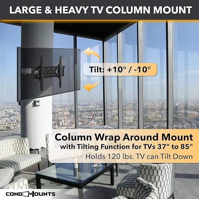 CondoMounts CLMTVT1064 DIY Column TV Mount for Large Pillars & Large TVs | Holds 120lbs | Fits 37-in. to 85-in. TVs | Fits Pillars 8-inches & Wider | No Drill | White Straps | TILT Only No Swivel