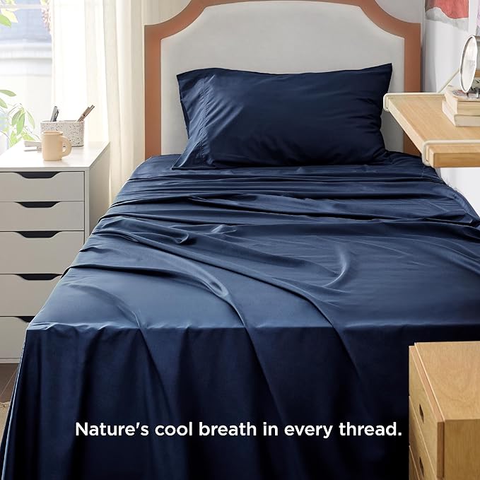 Bedsure Cooling Sheets Twin XL, Rayon Derived from Bamboo, Breathable & Soft Twin XL Sheet Sets, Deep Pocket Up to 16 Inches, Hotel Luxury Silky Dorm Bedding for Hot Sleepers, Navy