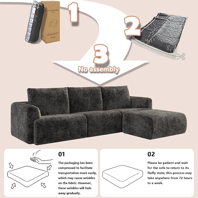 EASE MOOSE Boneless Couch for Living Room, Sectional Cloud Sofa, Modular Cloud Couch, 3-Seater Deep Seat Sofas with Pillow for Bedroom, Apartment, No Assembly Required, Chenille (Dark Grey)