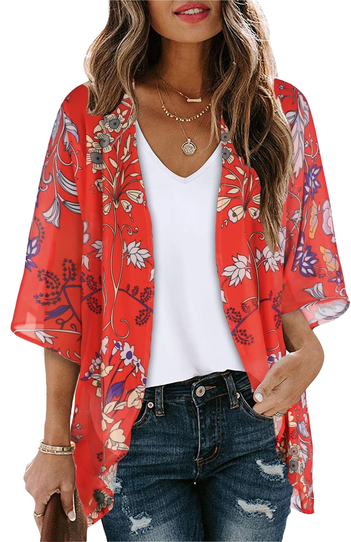 Summer Kimono Cardigan for Women Sheer Boho Tops Casual Open Front Swimwear Shirts Beach Cover ups (Boho Red,5XL)