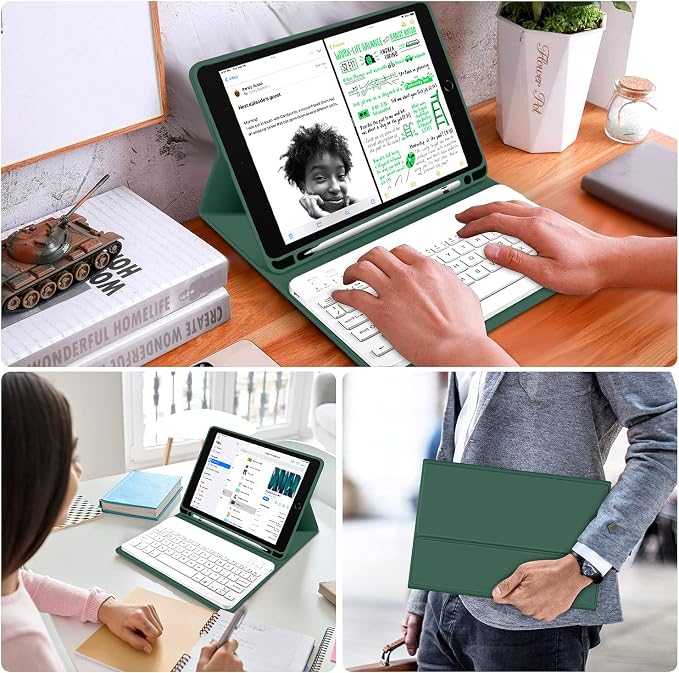 kenke Keyboard Case for iPad 9th/8th/7th Generation 10.2 Inch 2021/2020/2019 Soft TPU Back Stand Cover Smart Case with Pencil Holder Magnetically Detachable Wireless Bluetooth Keyboard Dark Green