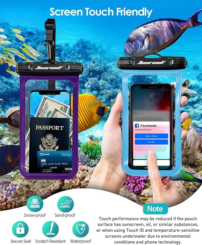 Hiearcool Universal Waterproof Phone Pouch, Dry Bag Compatible for iPhone 16 15 14 13 Pro Max XS Plus Samsung Galaxy S22 Cellphone Up to 8.3", IPX8 Water Proof Cell Phone Case for Beach-2Pack