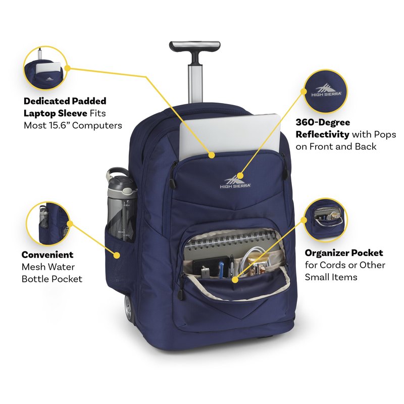 High Sierra Freewheel Pro Wheeled Laptop Backpack Bookbag for Travel or Work with Rotating Handle and Padded Laptop Sleeve, True Navy