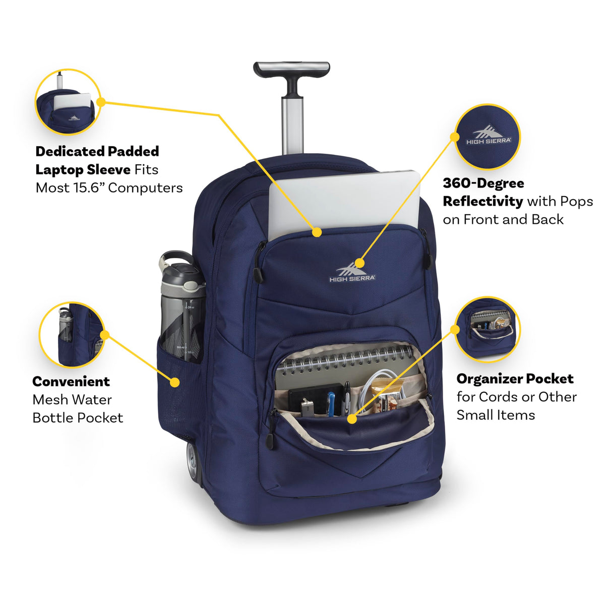 High Sierra Freewheel Pro Wheeled Backpack with 360 Degree Reflectivity, Adjustable Handle, Large Main Compartment, and Laptop Sleeve, Space/Black