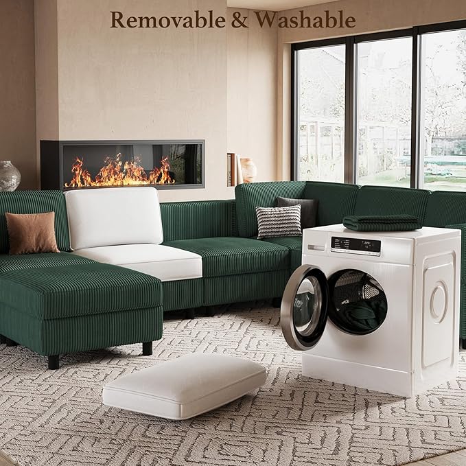 114.2" 5 Seater Modular Sofa with Deep Storage Seat,Corduroy Convertible L Shaped Sectional Couch,Modular Couch with Movable Ottoman Chaise,Upholstered Sectional Couches for Living Room,Green